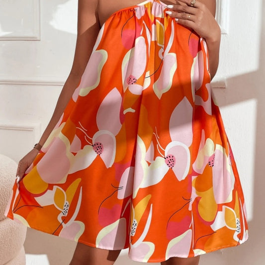 Floral Print Halter Neck Trapeze Dress
