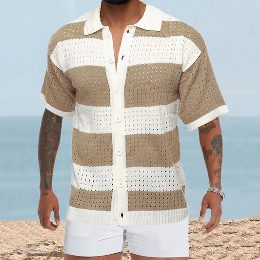 Men’s Crochet-Knit Polo – Slim-Fit Short Sleeve Shirt