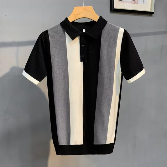 Men's vintage striped zip polo in black – travel style