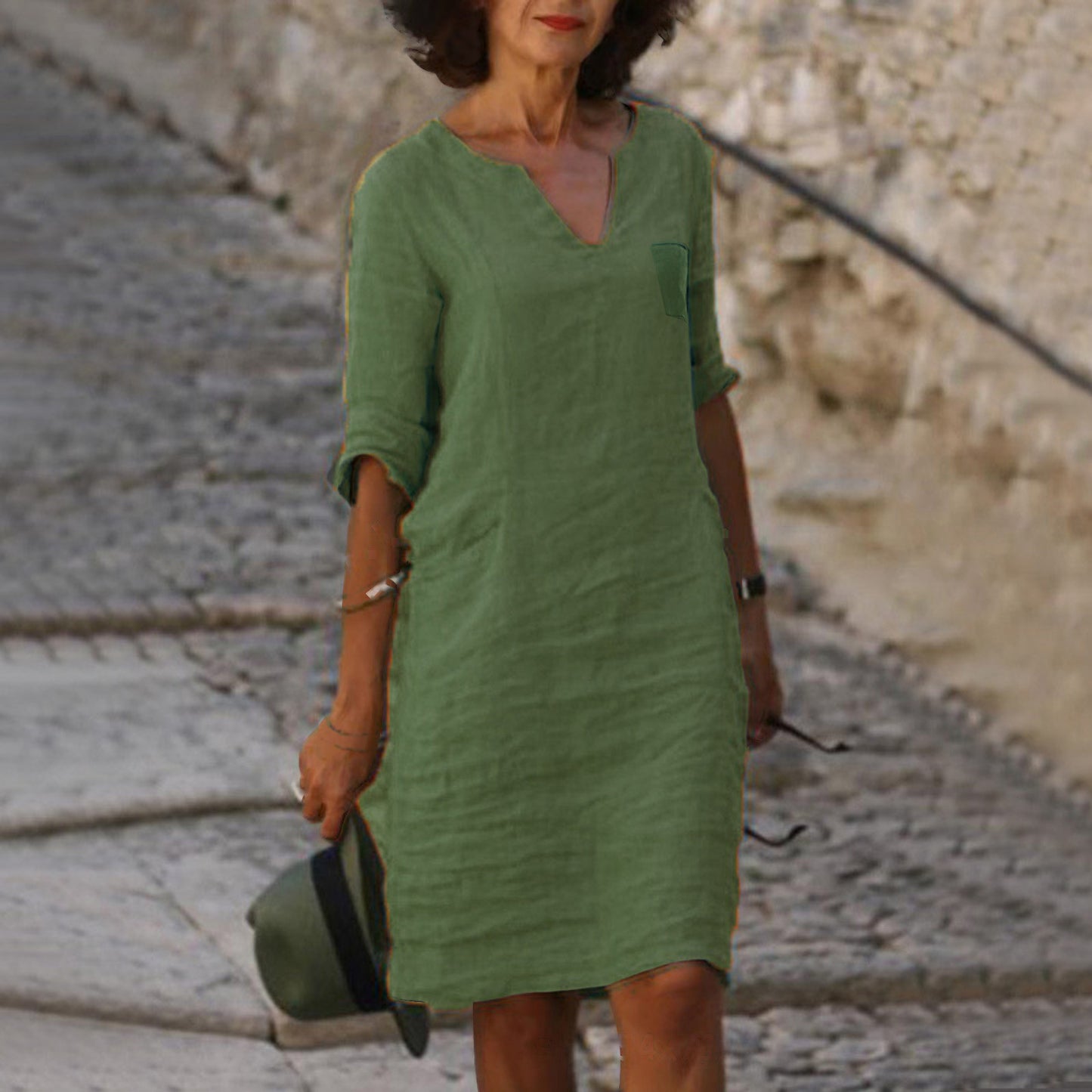 European And American Style With Pockets Spring And Summer Wash Wrinkle Small V-neck Dress