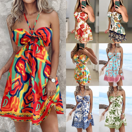 Printed Off-shoulder Halter Hollow Dress