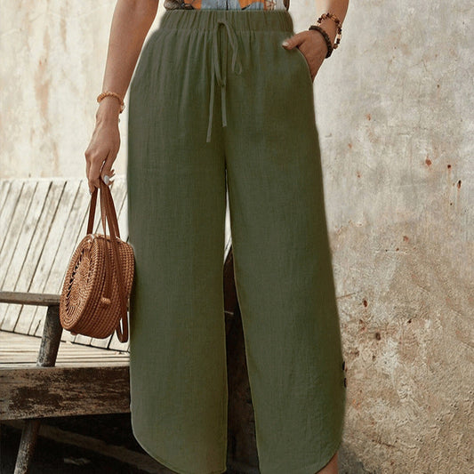 Cotton And Linen Drawstring Cropped Loose Pockets Casual Pants