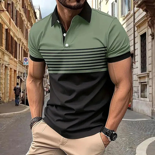 Men's cotton blend striped polo shirt in green