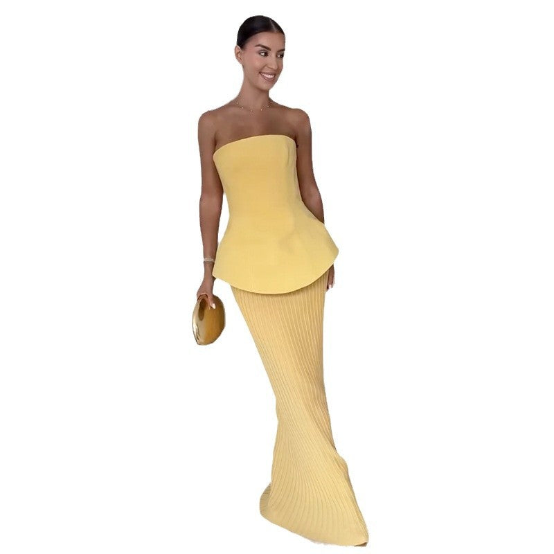 Tube Top High Waist Pleated Skirt Two-piece Set