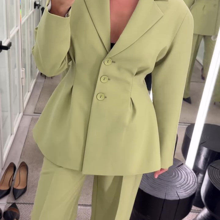 Fruit Green Waisted Suit Jacket & High Waisted Pants Set