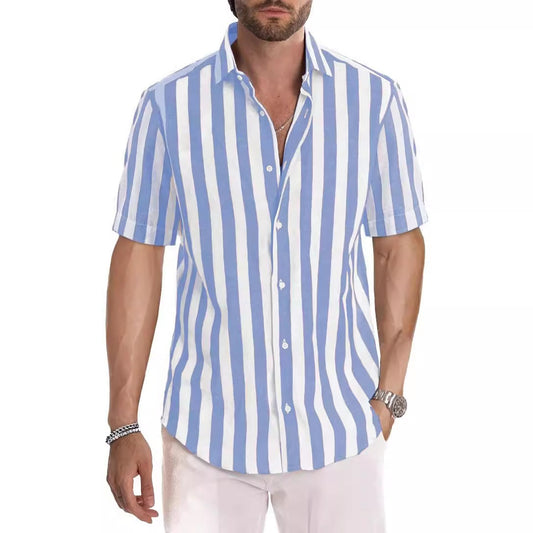 Striped cotton beach shirt in sapphire blue – front view